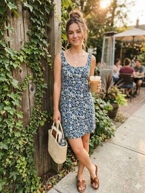 American Eagle Women's Size XS Blue Floral Print Sleeveless Cut-Out Summer Dress